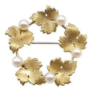 KREMETZ  Vine Leaves Wreath Brooch Pin Gold Plated Metal Genuine Pearls 1950’s